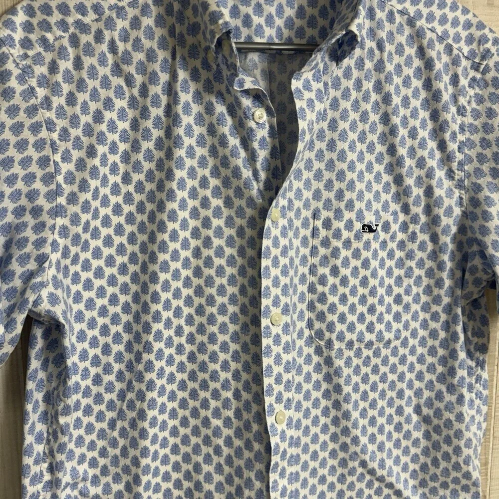 Vineyard Vines Stretch Poplin Button Down Shirt Blue White Leaf Tile Pattern L